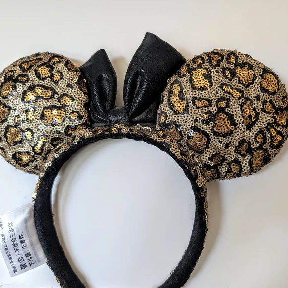 Disney Leopard Print Minnie Mouse Ears Headband With Black Lame Bow - Picture 3 of 7